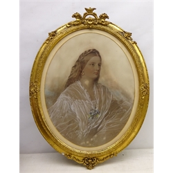  Portrait of a Lady, oval pastel drawing signed by Jane Masters Rogers 'London' (British fl.1847-1870) 47cm x 37cm in gilt frame  