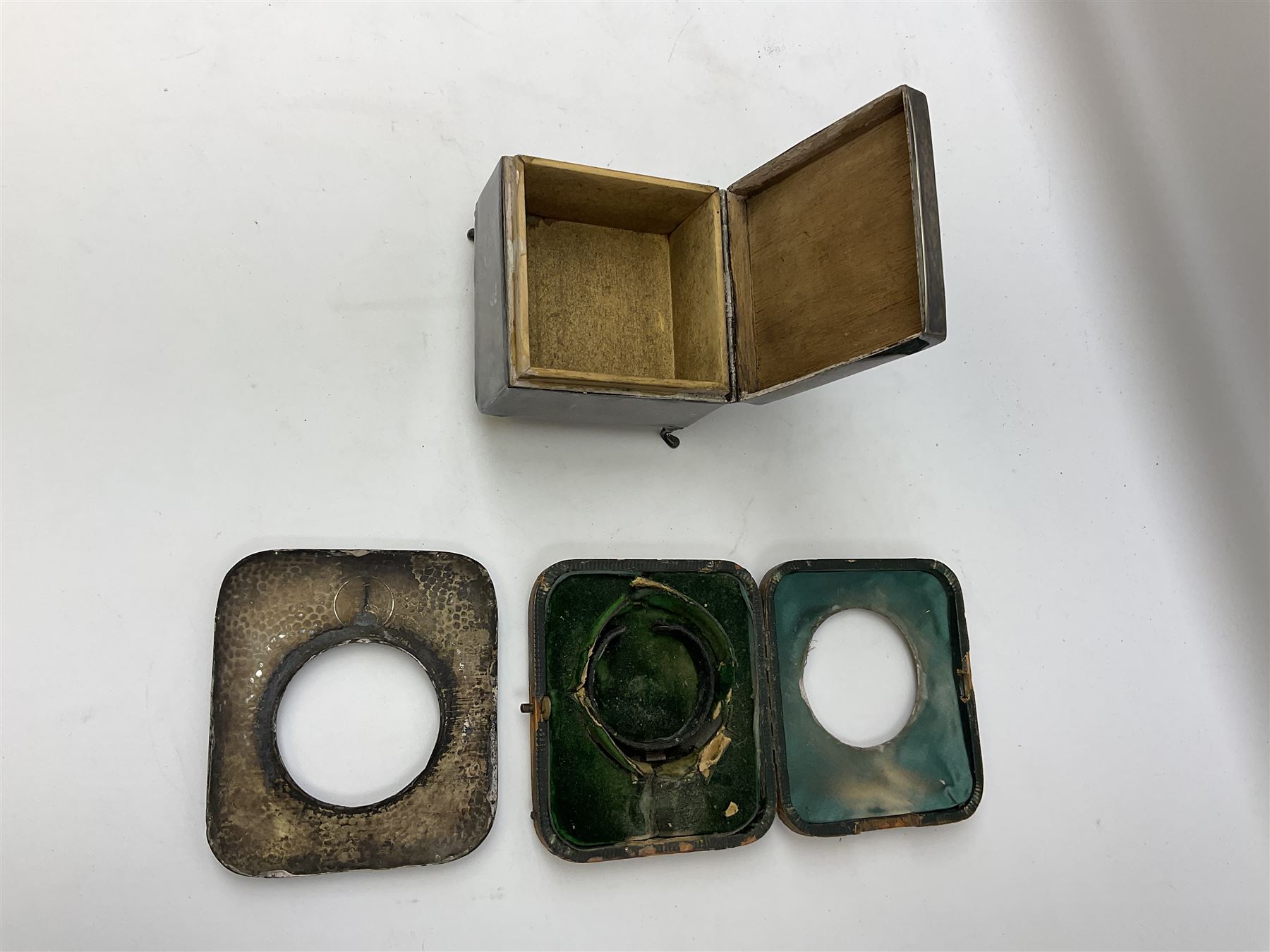 Pocket watch case with hammered silver mounted front, hallmarked Birmingham, together with a silver mounted square box, hallmarked Birmingham 