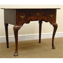  19th century oak low boy, moulded top, one long and two short drawers, shaped apron, cabriole legs on pad feet, W86cm, H69cm, D51cm  