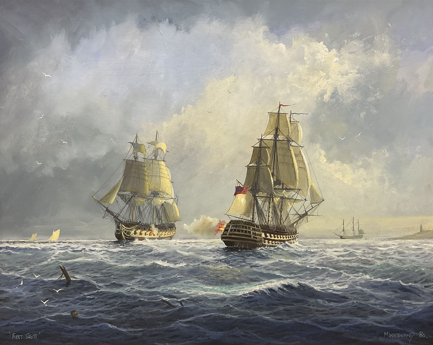 Michael J Whitehand (British 1941-): 'First Shots', oil on board signed titled and dated '86, 45cm x 55cm