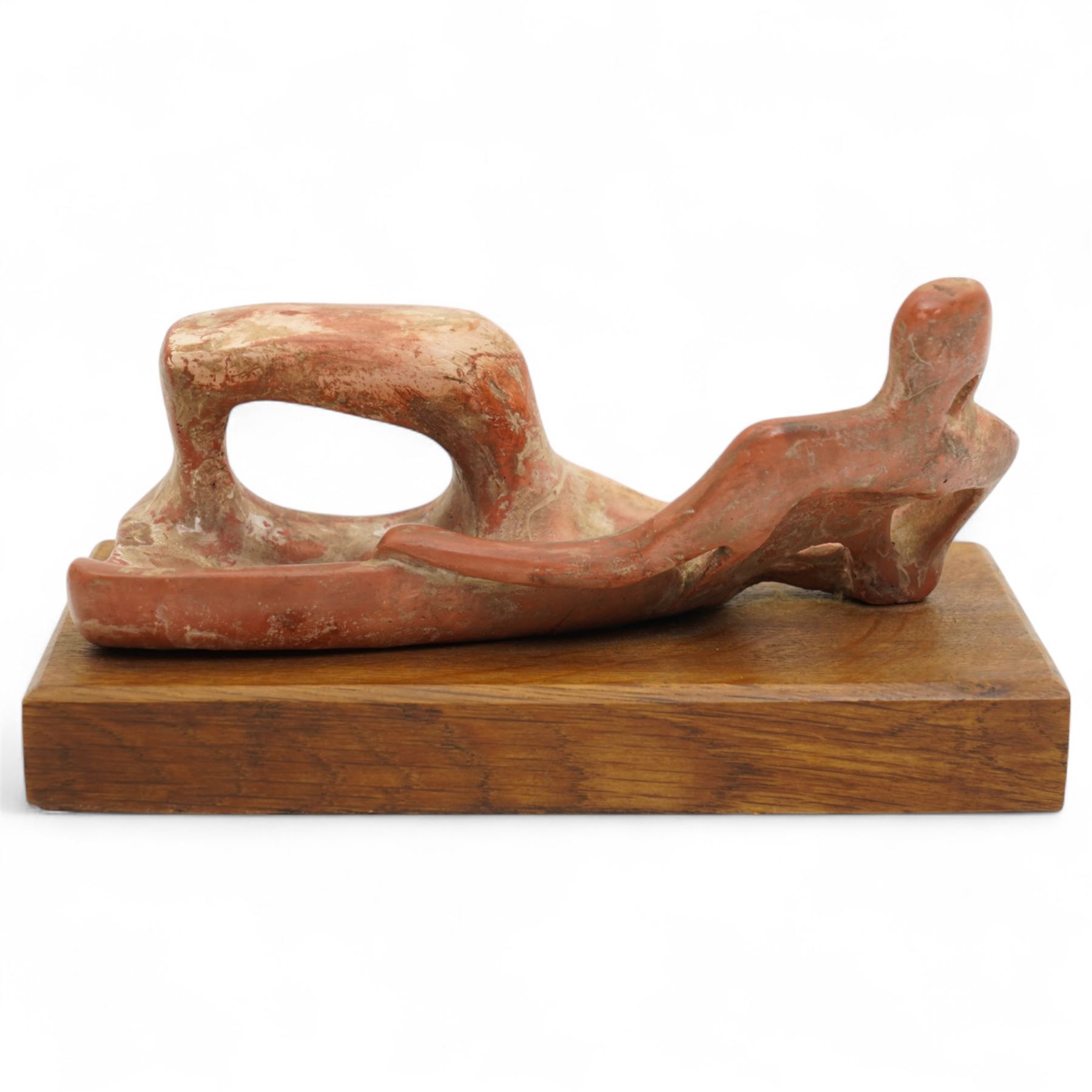 After Henry Moore (British 1898-1986): 'Reclining Figure', terracotta maquette sculpture, base marked with affixed catalogue label inscribed 'Reclining Figure: 1945 Archive 0048398', W19cm H9.5cm
