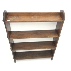 Early 20th century oak open bookcase, four pegged shelves, W104cm, H131cm, D23cm