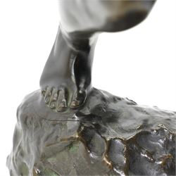 After Jef Lambeaux (Belgian 1852-1908): 'The Wrestlers' (Les Lutteurs), early 20th-century bronze group depicting two Hellenic classically nude male figures engaged in a violent athletic struggle or pankration event, on a naturalistic base signed, H63cm
Notes: the composition may plausibly be interpreted as Hercules and Antaeus, the mythological combat in which Hercules overcomes Antaeus by lifting him from the earth, thereby depriving him of his strength
