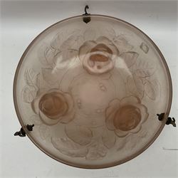 1930s pink frosted glass ceiling light shade, decorated with roses, D
