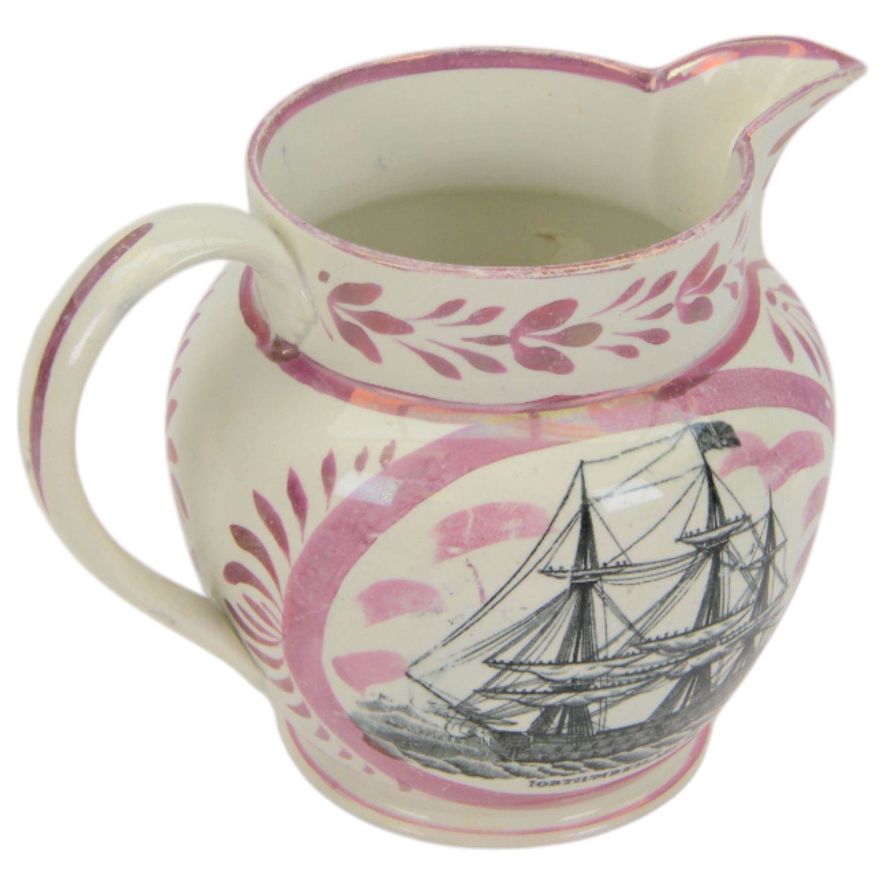 19th century Sunderland lustre jug, transfer printed with Northumberland 74, verse on Time to the front and the verse 'Swiftly see each moment flies...' to the other side, H18cm