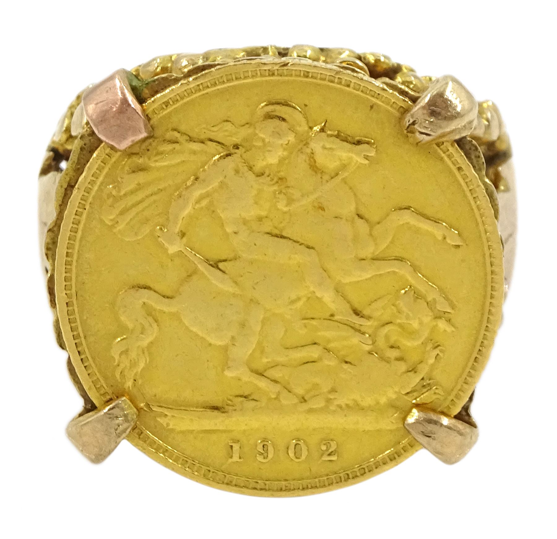 King Edward VII 1902 gold half sovereign coin, loose mounted in 9ct gold ring, hallmarked