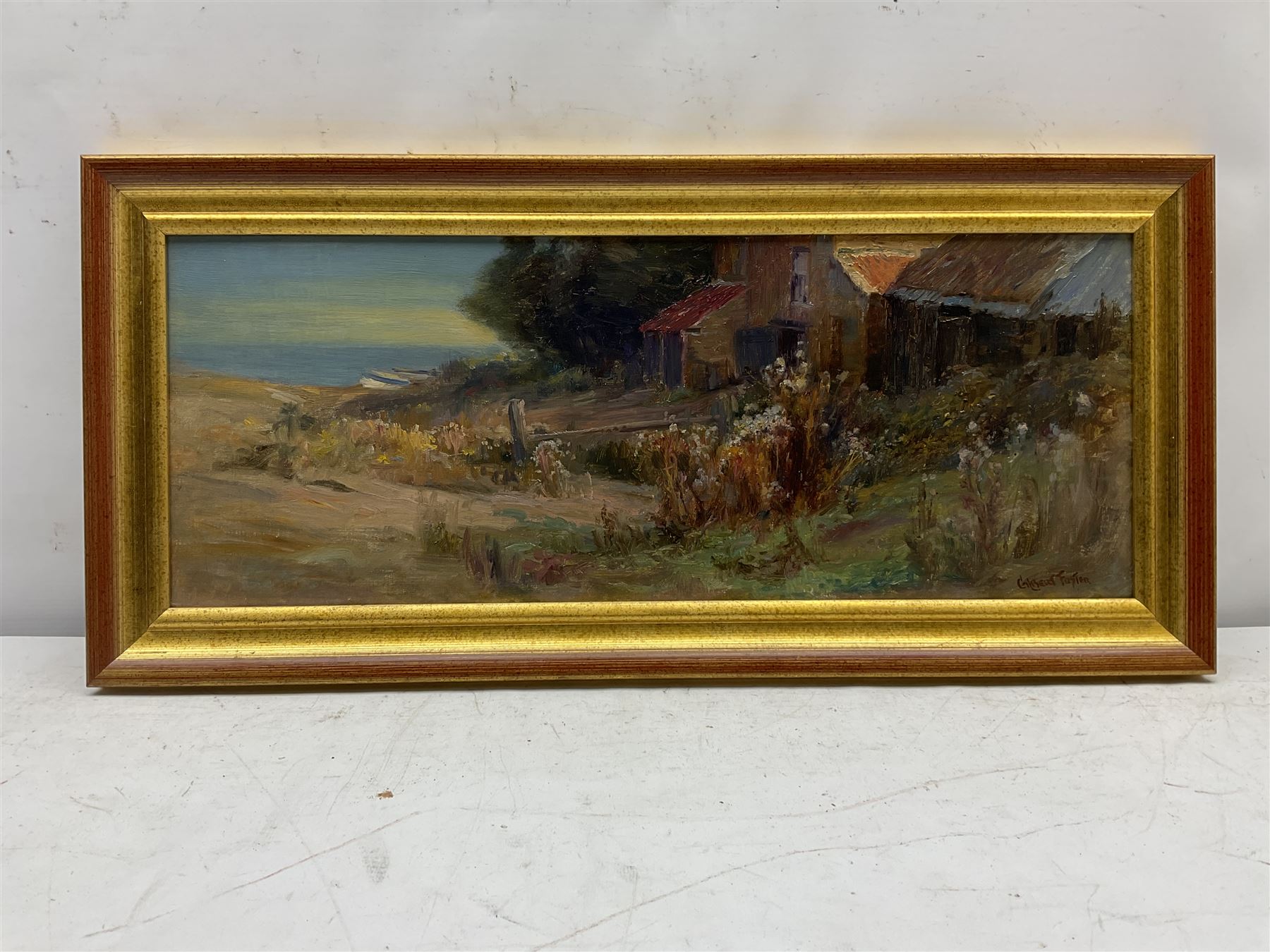 William Gilbert Foster (Staithes Group 1855-1906): Fisherman's Cottage overlooking the Green Runswick Bay, oil on canvas signed, inscribed verso 21cm x 55cm
Provenance: private Yorkshire collection purchased Phillips Leeds 'Yorkshire' sale 2nd Nov. 1994, Lot 218