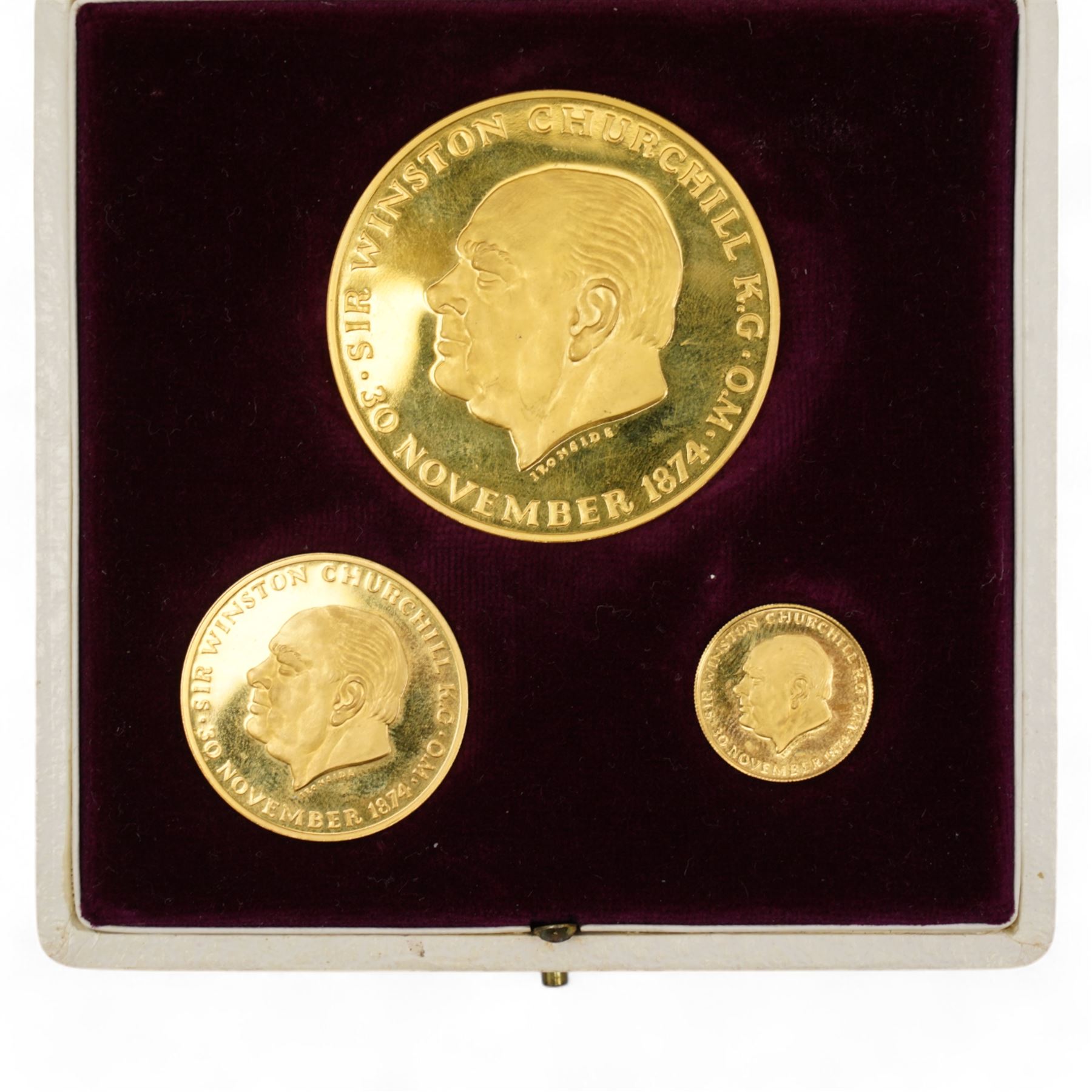 Sir Winston Churchill 'This Was Their Finest Hour' set of three eighteen carat gold medallions, total weight approximately 71 grams, housed in a fitted case