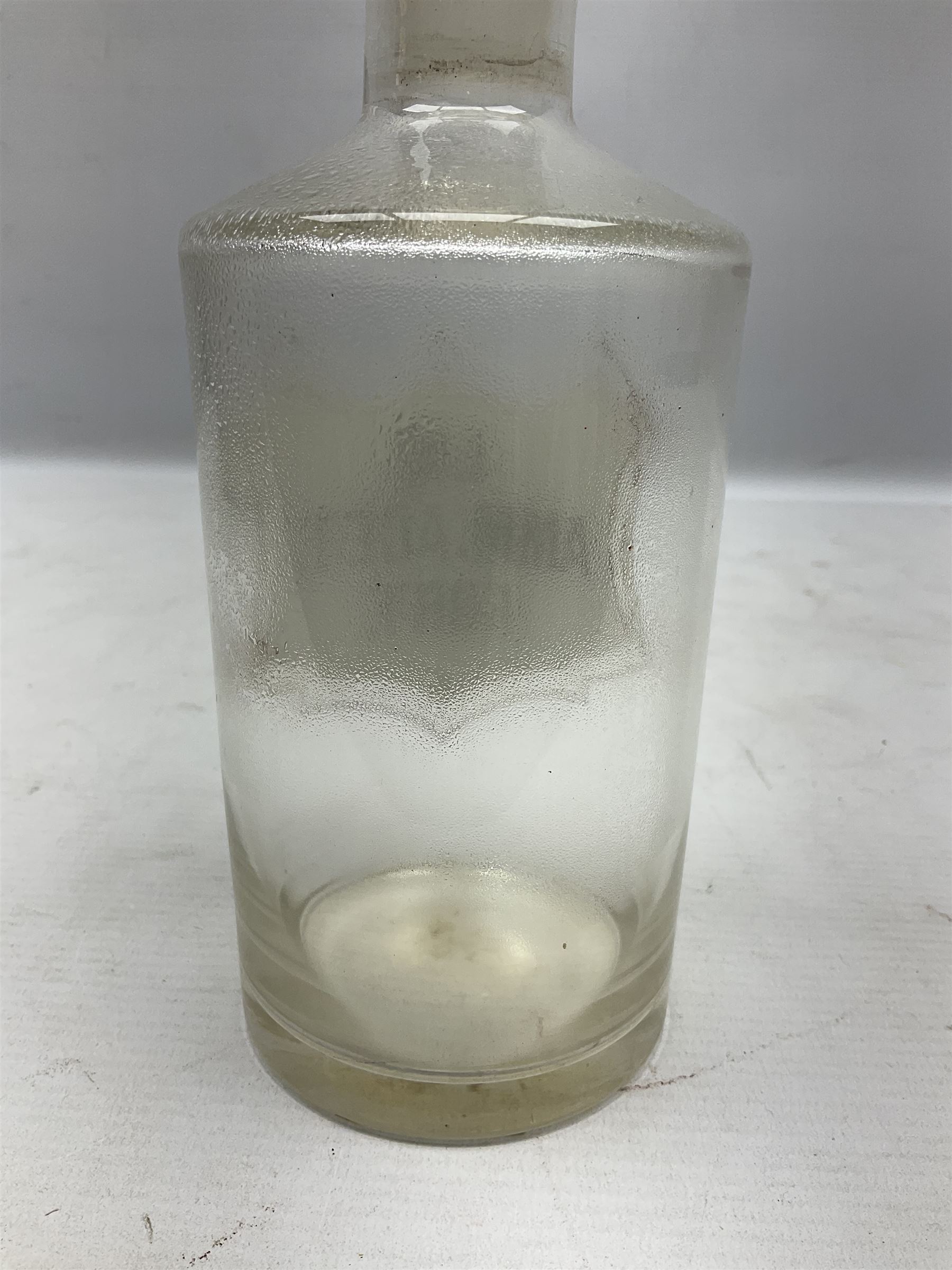 Three Victorian apothecary chemist bottles complete with labels and glass stoppers, H22cm