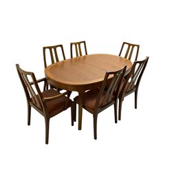 Nathan - mid-20th century teak oval extending dining table (W152cm D99cm H75cm); and Nathan - set six (4+2) mid-20th century teak high slat-back chairs, seats upholstered in light red fabric (W55cm H96cm)