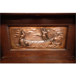  Art Nouveau stained oak sideboard, the pierced back and sides, with embossed copper plaque of a figure in a boat flanked by corner display cabinets, the base with two frieze drawers and two glazed cupboard doors with chased scrolling hinges, W152cm, H165cm, D72cm  