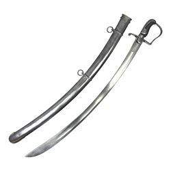 British 1796 Pattern Light Cavalry trooper's sword, the 84cm curving fullered blade stamped Hadley.1 to the back edge, steel hilt with knucklebow, D-shaped langets and leather grip; in polished steel scabbard stamped Osborn & Gunby Birmm. and W.R.16 ( ?16th Light Dragoons) with two suspension rings L100cm overall