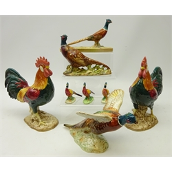 Beswick Pheasant models Flying Pheasant no. 849, two other no. 1226 & 1774, three miniature models and a pair of Beswick Cockerels 'Leghorn', H24cm (8)