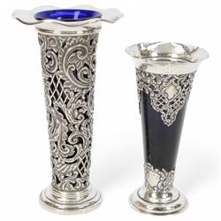 Two late Victorian silver mounted vases, including blue glass mounted example with fluted ...