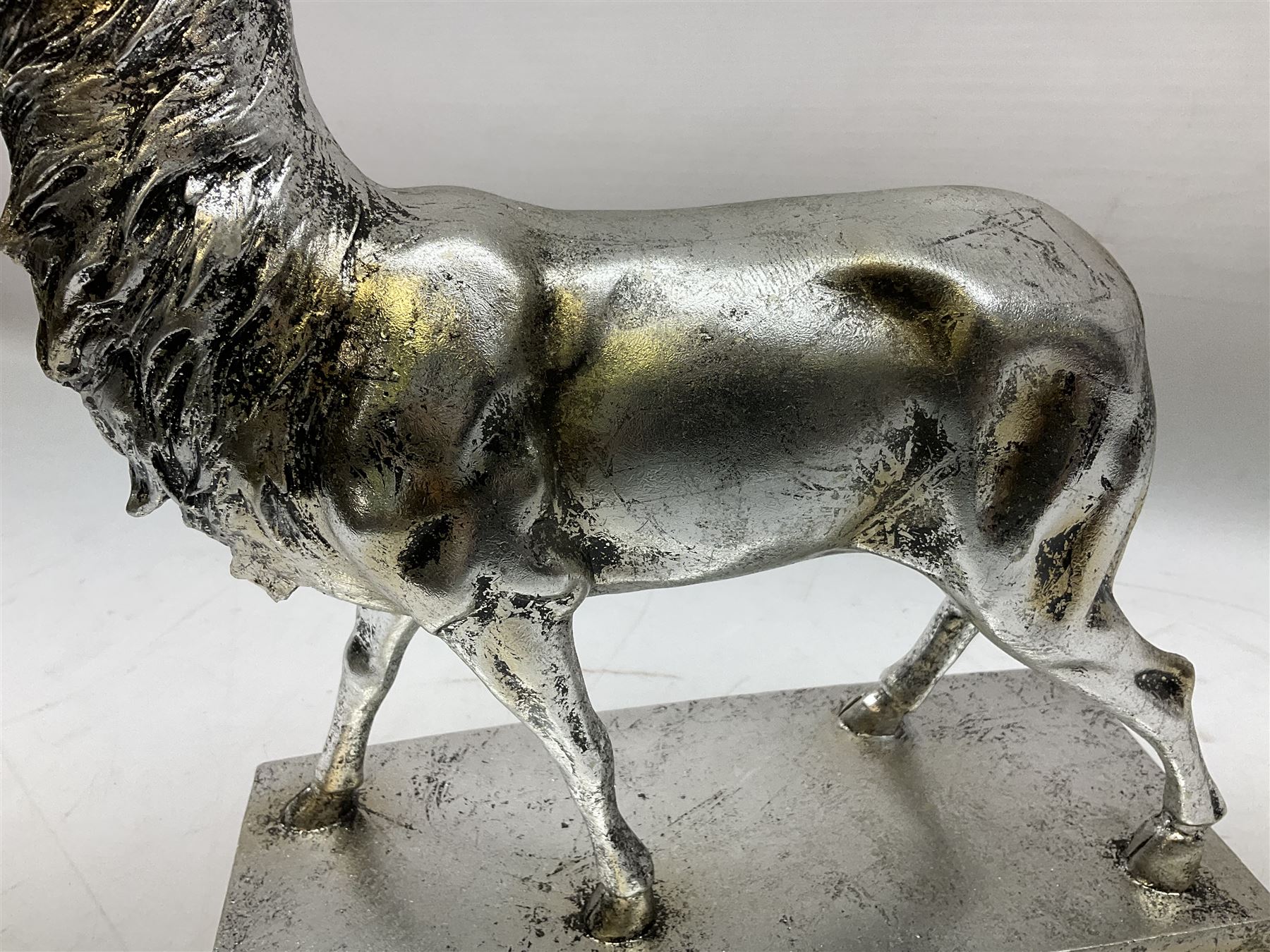 Composite silvered stag, on rectangular base