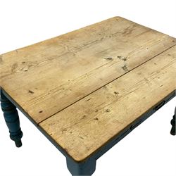 Victorian rustic painted pine kitchen table,  rectangular stripped top, the blue painted base fitted with single drawer, on ring turned supports