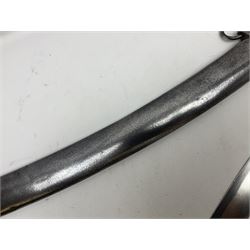 British 1796 Pattern Light Cavalry trooper's sword, the 84cm curving fullered blade stamped Hadley.1 to the back edge, steel hilt with knucklebow, D-shaped langets and leather grip; in polished steel scabbard stamped Osborn & Gunby Birmm. and W.R.16 ( ?16th Light Dragoons) with two suspension rings L100cm overall