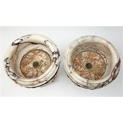 Pair of Neo Classical veined white marble urns, decorated with a metal band of classical drapes, raised upon a pedestal foot, H23cm
