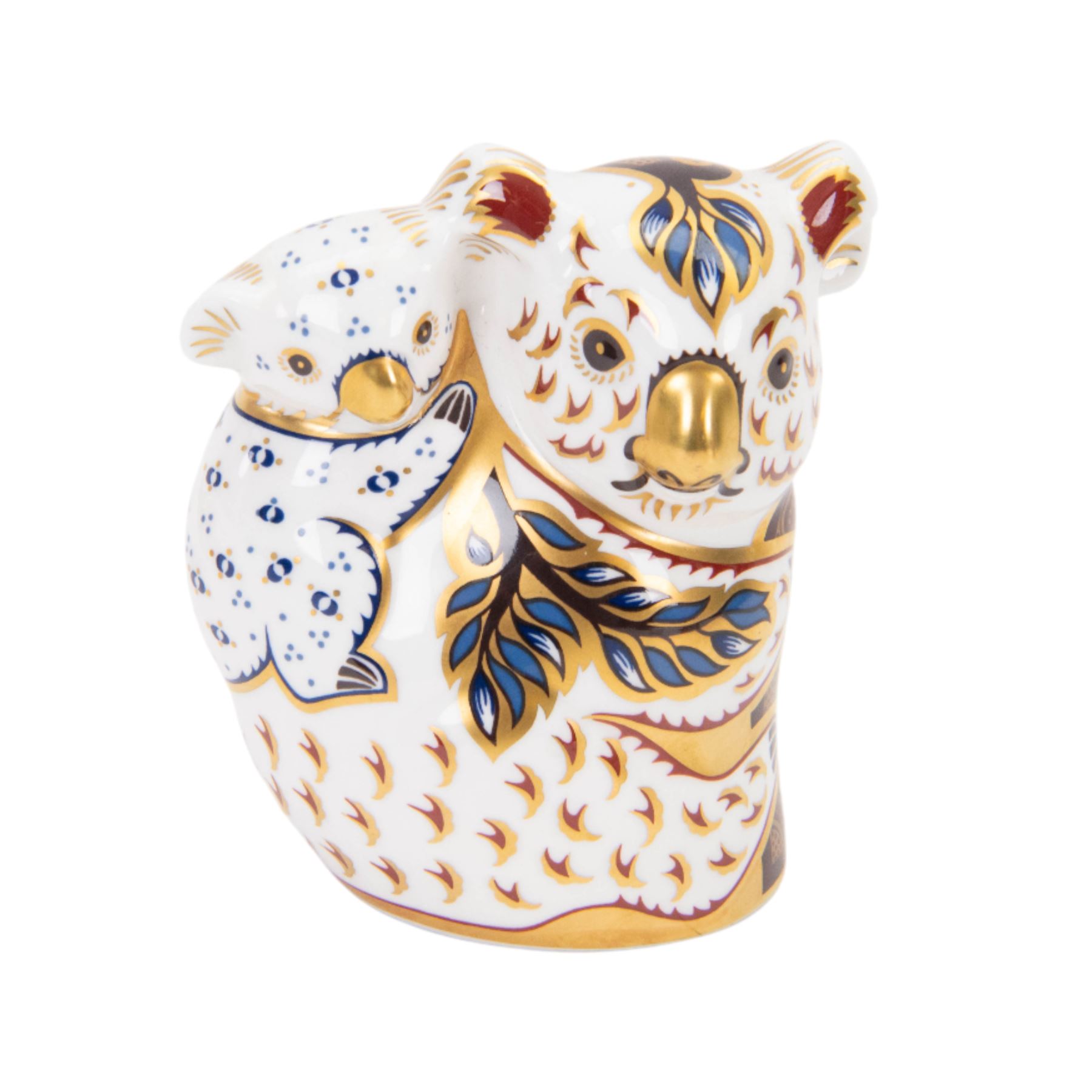 Set of three Royal Crown Derby paperweights, The Australian Collection, Kangaroo and Joey, Duck-billed Platypus, and Koala and Baby, part of a gold signature edition with limited availability until the end of 2000, each with gold stoppers, Kangaroo and Joey H15cm