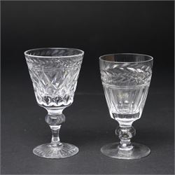 Quantity of Stuart crystal including six Cheltenham whisky tumblers, six claret glasses, six water tumblers and decanter with similar Stuart glass including sherry glasses, two brandy balloons, water jug etc