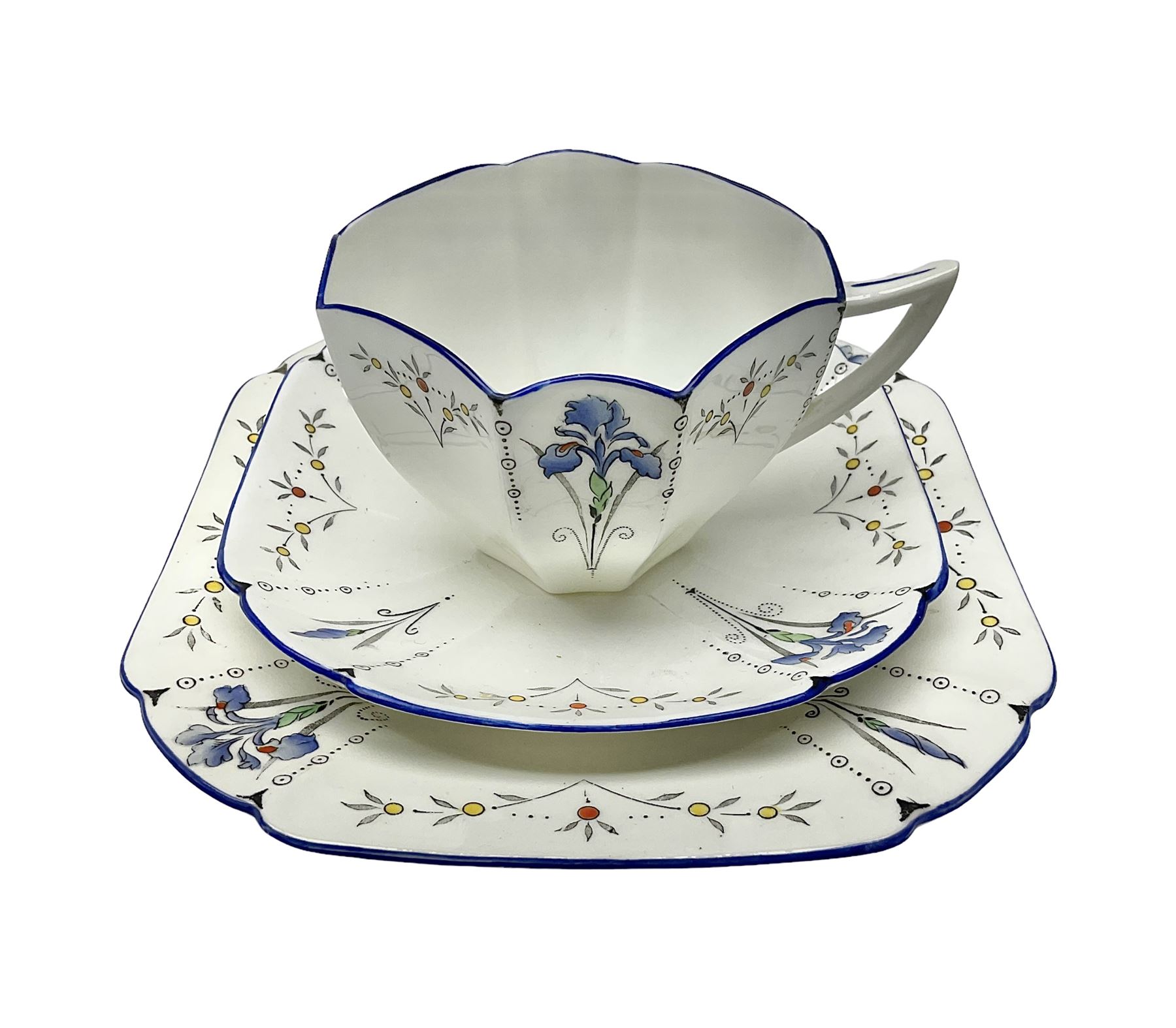 1920s Shelley Queen Anne shaped trio, decorated in the Blue Iris pattern no. 11561, ith printed mark beneath 
