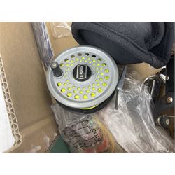 Quantity of fly and sea fishing rods and accessories, to include Shakespeare Boat 210 rod, Daiwa rod and others, and Guang Zhao FLD9000 course fishing reel, Beachmaster 7000FD, Rimfly II amd Penn Super Mariner, tackle etc