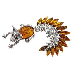 Silver Baltic amber squirrel brooch, stamped 925 