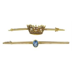 Early 20th century gold Navel crown brooch, set with split pearls, stamped 15ct and a 9ct gold single stone aquamarine brooch