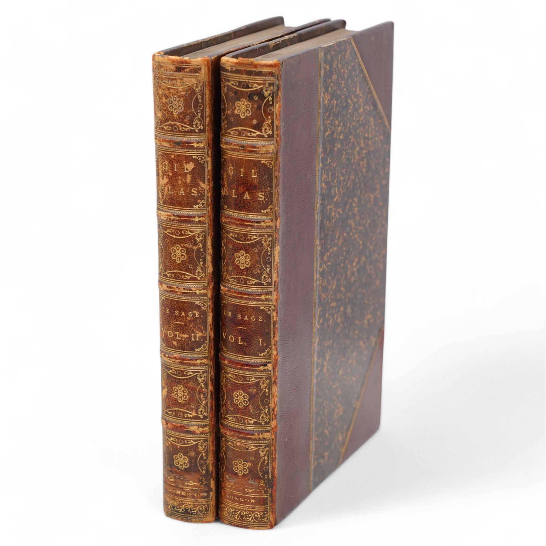 Le Sage translated by Thomas Smollett - 'The Adventures of Gil Blas' illustrated by Jean Gigoux, published J J Dubochet in two volumes 1836, half calf (2), Lesage - 'Histoire de Gil Blas de Santillane' published in French by Longman in four volumes 1809 half leather (4)