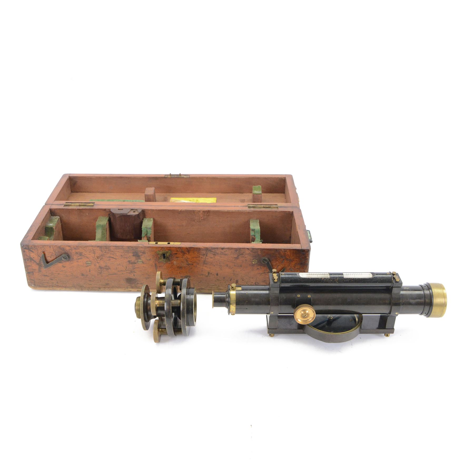 Late 19th century Surveyors level by Stanley, Gt Turnstile, Holborn, London, No.951 with lacquered oxidised brass finish in original box and with stand