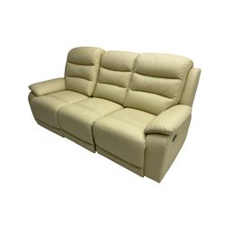 Contemporary three seat reclining sofa, upholstered in cream leather (W205cm); with pair matching reclining armchairs (W100cm D95cm H105cm)