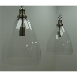  Pair Contemporary satin metal hanging light fittings with hand blown glass dome shades, H33cm excluding fitting   
