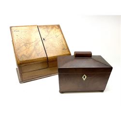 Mahogany sarcophagus shape tea caddy, with two compartments H16cm, along with Victorian walnut finish stationary cabinet with sloping front H21.5cm. 