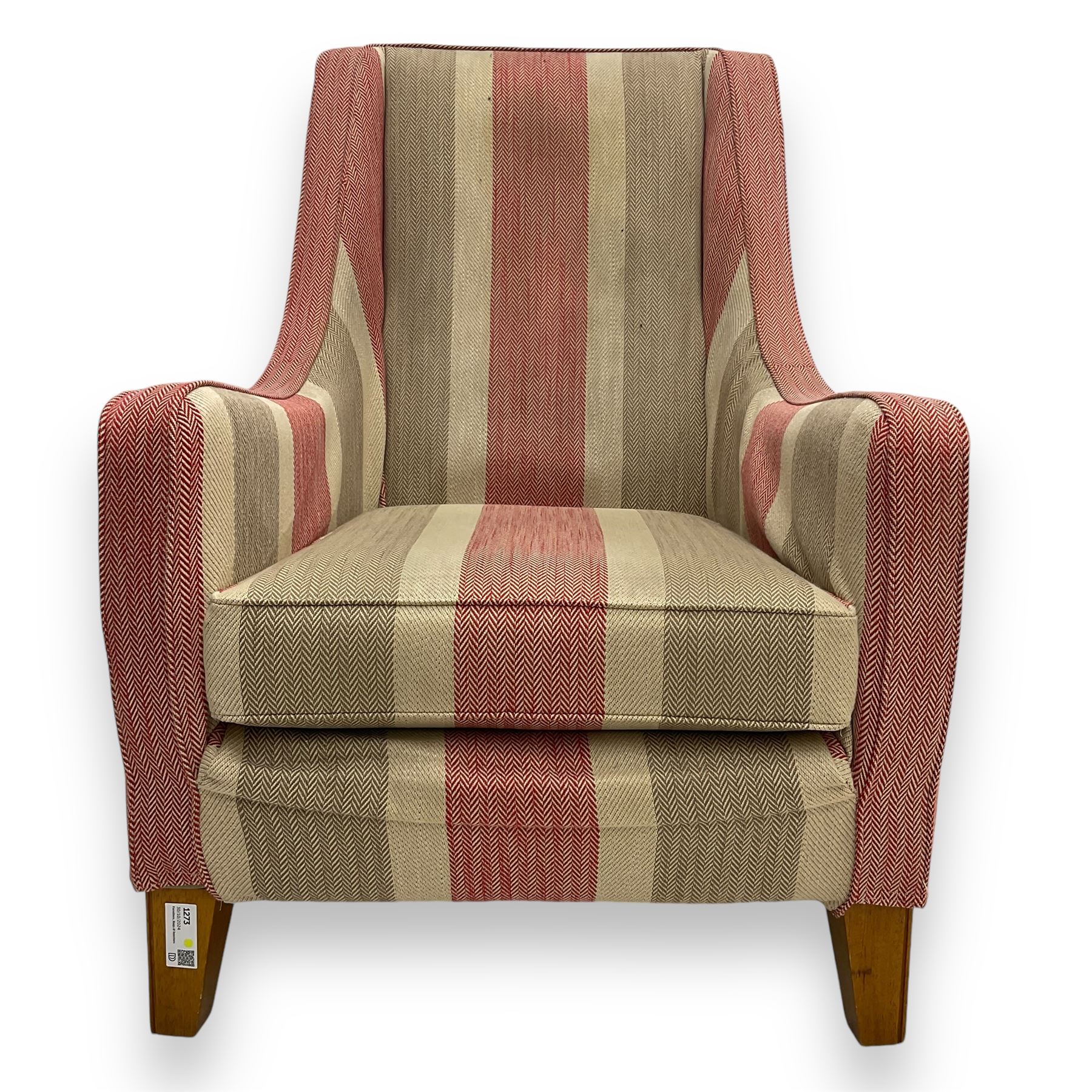 Multiyork - 'Alpine' highback armchair, upholstered in red and beige herringbone striped fabric, gently sloped arms over loose seat cushion, raised on square tapered hardwood supports