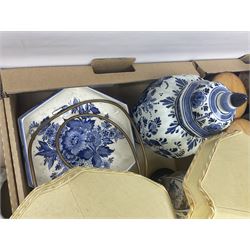Set of metal weighing scales, pair of Chinese style ceramic table lamps, blue and white ceramics, oriental ceramics and a collection of other glassware, metal ware and collectables, in five boxes 