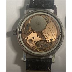 Omega gentleman's stainless steel manual wind wristwatch, calibre 1030, serial No. 44 527730, with date aperture, on black leather strap