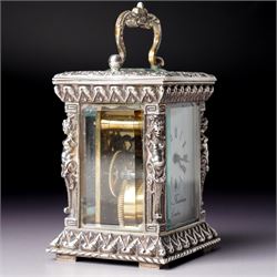 Chas Frodsham -  Miniature carriage clock with white dial and platform lever escapement in cast silver case with caryatid columns and bevelled glass panels H10cm  London assay No.0468