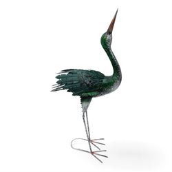 Pair of metal herons, in green and silver tones, with heads raised, H94cm