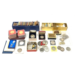 Collection of mostly Great British coins and various commemorative medals/medallions including pre-decimal coins, commemorative crowns, three five pound coins, Selby Abbey 1069 - 1969 cased medallion, old round pounds etc  