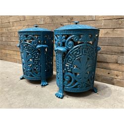 Pair of blue painted cast iron garden bins