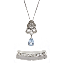 9ct white gold blue topaz and diamond pendant necklace and 14ct white gold diamond set pendant slider, all stamped