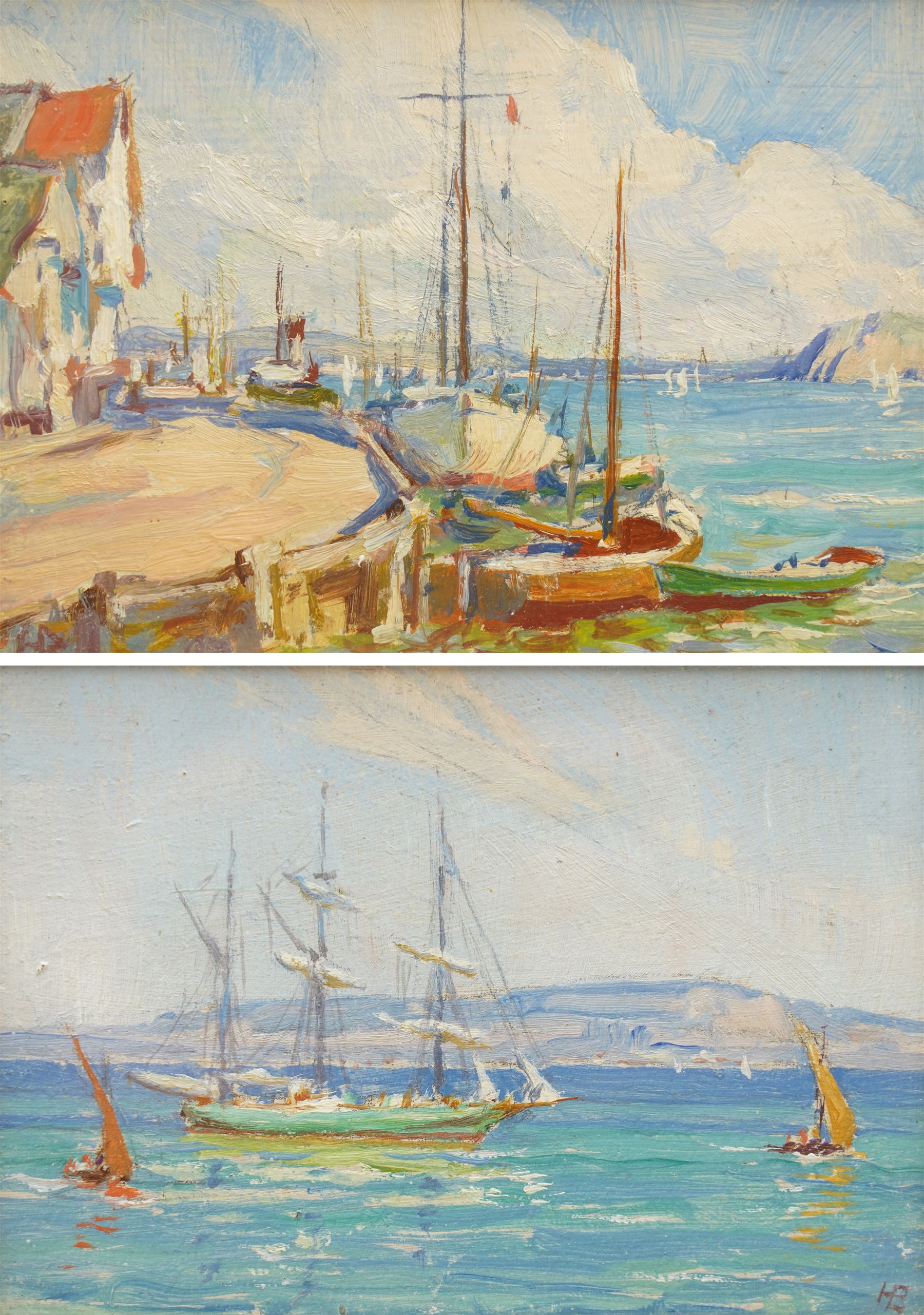 Howard Barron (British/Australian 1900-1991): Mediterranean Harbour and Sailing Boat at Sea, pair oils on board signed with initials 10cm x 14cm (2)