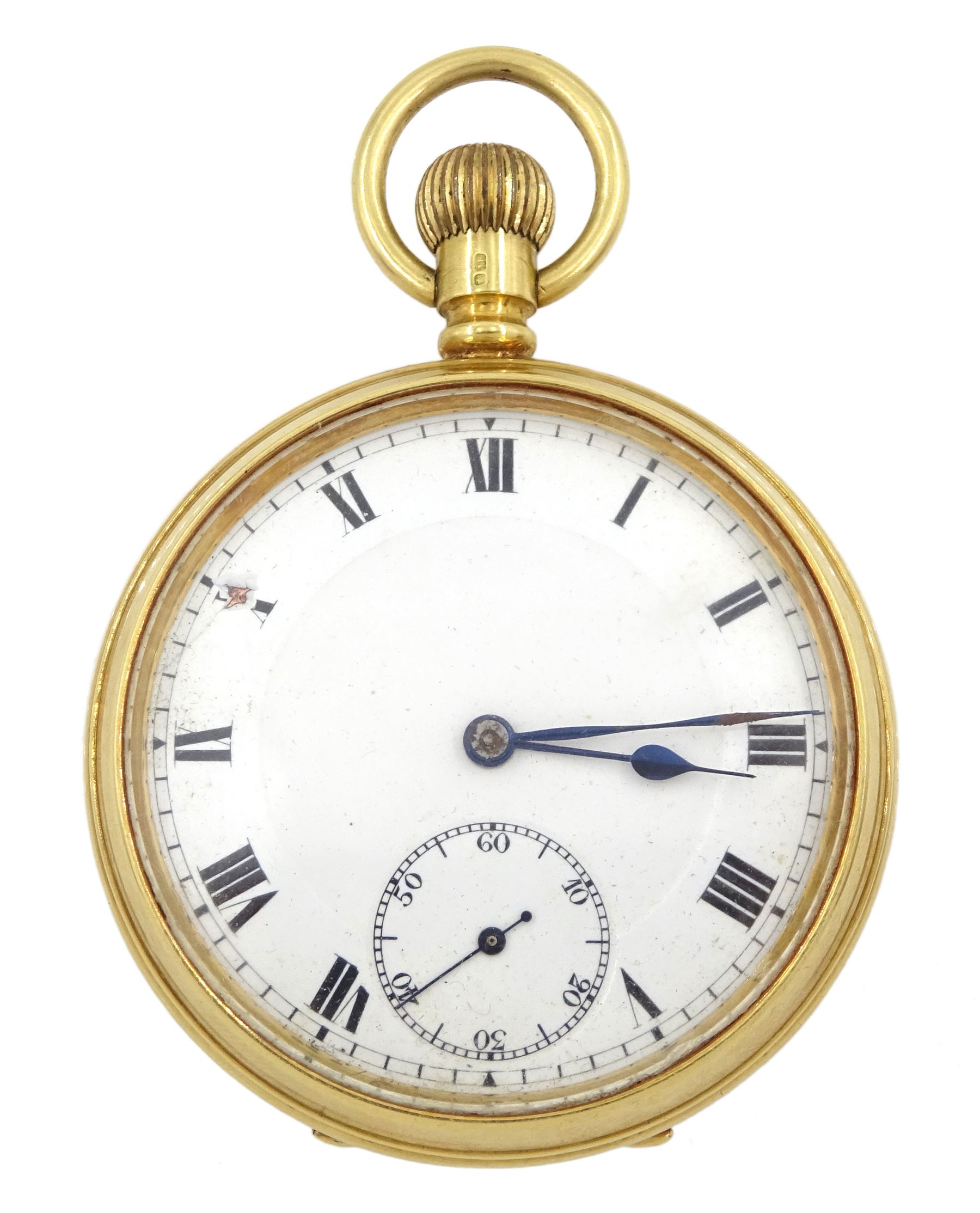 Early 20th century 18ct gold open face keyless lever pocket watch, white enamel dial with Roman numerals and subsidiary seconds dial, case makers mark J.T.P, Chester 1919