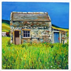 Sue Dewhurst (British Contemporary): 'Barn with Blue Door' 'Blue Metal Barn' 'Haytime' and others, set of five oils on canvas variously signed and titled, max 61cm x 61cm (5)
