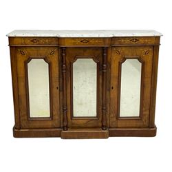 Victorian inlaid walnut breakfront credenza sideboard,  three mirrored panelled doors, white veined marble top