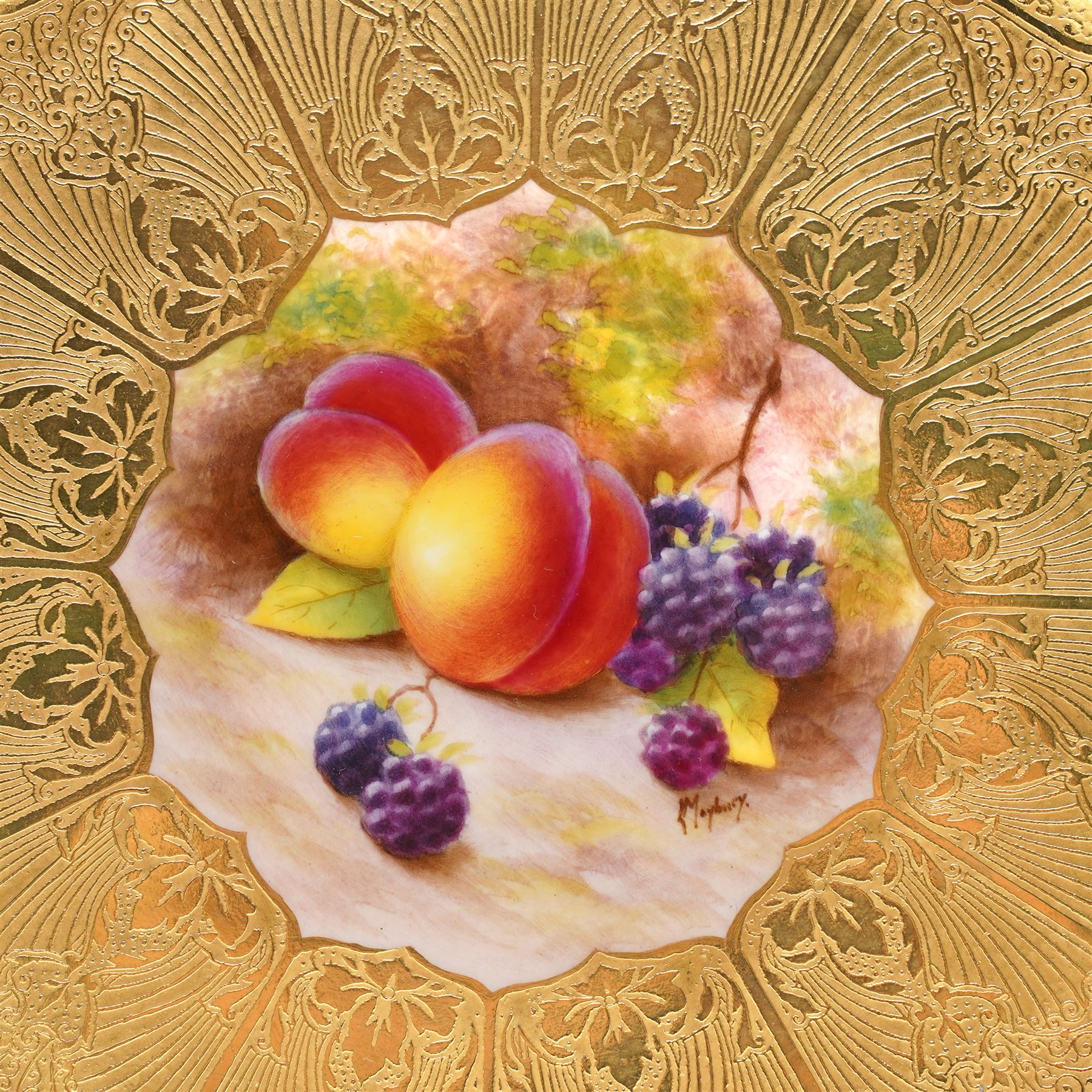 Royal Worcester Cabinet Plate, painted by Leighton Maybury, the central panel painted with fruit, within an elaborate tooled gilt border, marked to base, D28cm 