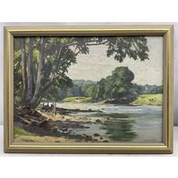 Marie Hartley (Yorkshire 1905-2006): 'The Wharfe near Harewood', oil on canvas signed, titled on printed label verso 25cm x 35cm 