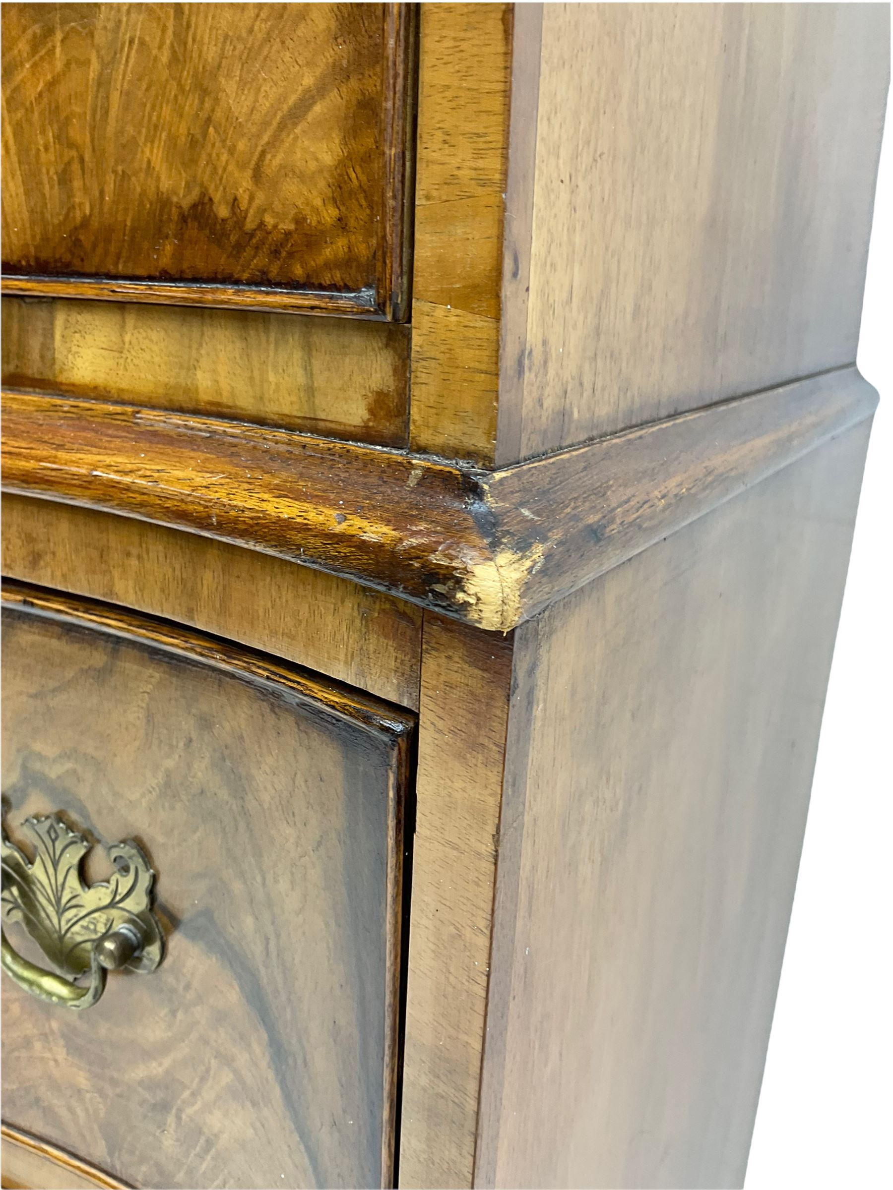 Burton Reproductions walnut chest on chest, fitted with six serpentine drawers