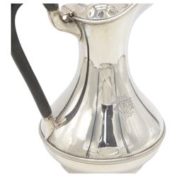 1930s silver hot water pot, of bellied form engraved with monogram to body, with Bakelite type handle and urn finial, hallmarked Fattorini & Sons Ltd, Birmingham 1938, H23cm