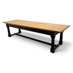 Late 20th century substantial pine refectory table, rectangular four-plank top over an ind...